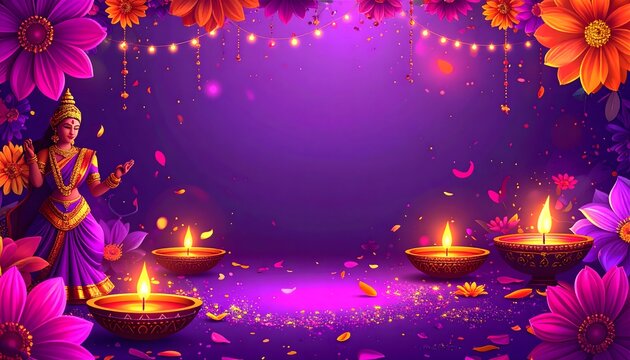 Navratri Festival Background with Glowing Diyas, Goddess Durga and Purple Floral Decorations