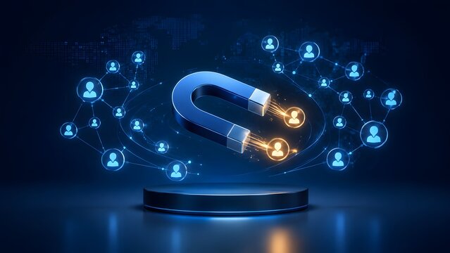 Blue Horseshoe Magnet Attracting Human Profiles In Digital Cyber Network