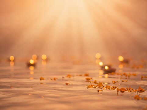 Abstract photorealistic Chhath Puja background with sun rays over water, marigold petals and diya bokeh, copy space for festive graphic design