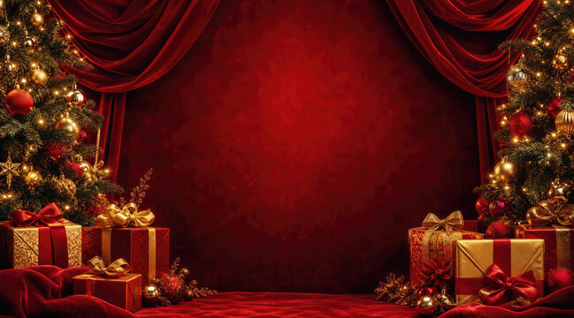 Red and Gold Christmas Background with Trees, Curtain, and Gifts