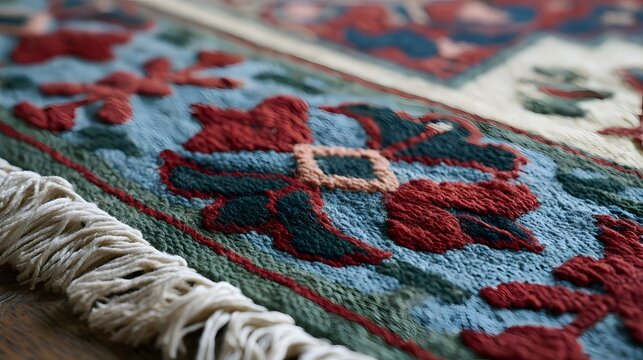 Close up of a handwoven rug with floral patterns in red  blue  and green  featuring fringed edge and textured design