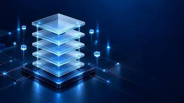 Isometric stacked translucent glass layers with glowing circuit connections and floating data cubes representing cloud architecture and technology stack