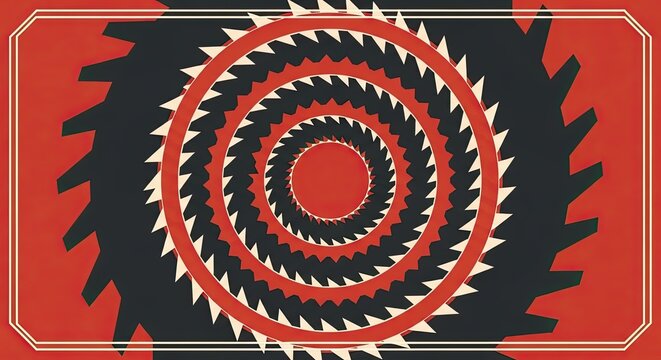Abstract circular geometric pattern with sharp teeth in red and black