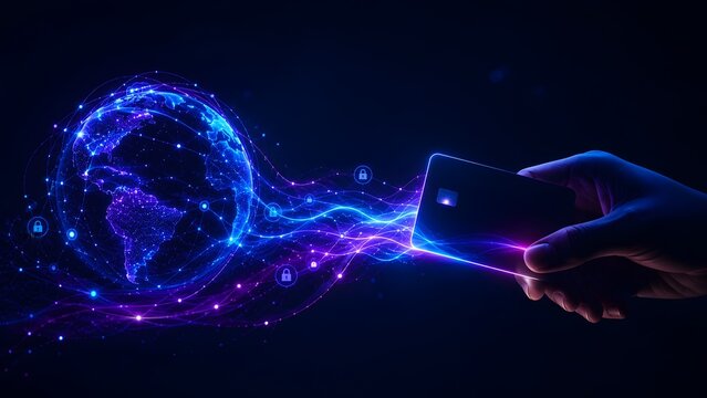 Hand Holding Credit Card Connecting Securely With Global Digital Globe Network