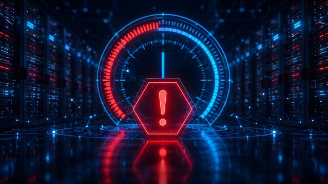 Server Room With Red Exclamation Warning Icon And Speedometer Data Dashboard