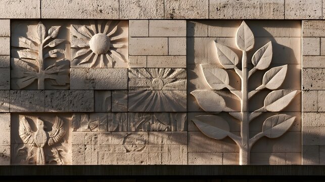 A stone relief wall with carved sun  tree  and bird motifs in warm light  showcasing symbolic ry and architectural detail