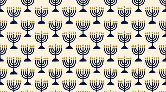 Hanukkah menorah design with black candelabra illustrations on cream background, festive Jewish holiday repeating design for fabric and gift wrap.