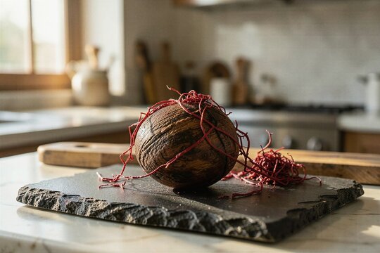Whole Nutmeg Kernel with Red Mace Aril on Slate Board in Kitchen