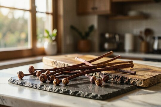 Gourmet Culinary Kitchen Setting with Dried Aromatic Spice Stems on Slate