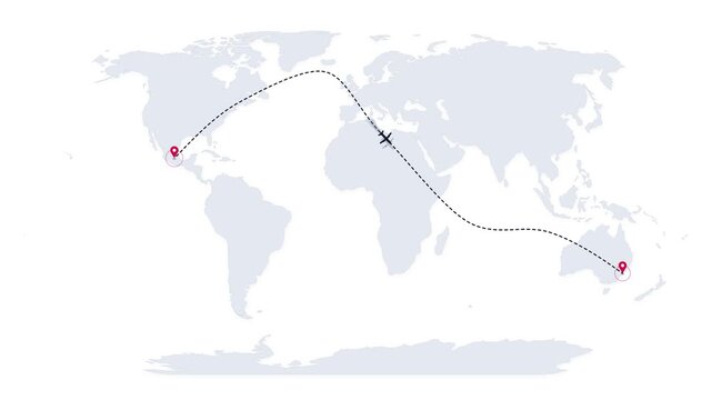 Airplane flight path animation on world map conceptual graphic