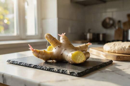 Fresh Organic Young Ginger Rhizome with Pink Sprouts on Dark Slate Board