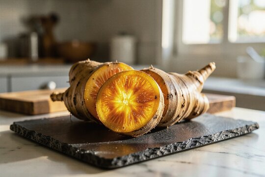 Fresh Raw Turmeric Rhizome Sliced on Rustic Slate Board in Kitchen