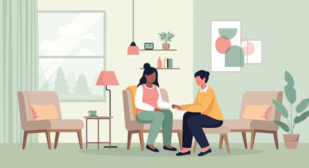 Fototapeta premium Therapist comforting patient in cozy living room setting, transparent background