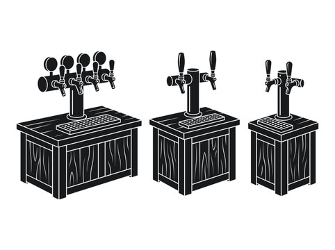 vector Three beer tap dispensers on wooden stands, representing Oktoberfest beverage service and bar equipment on transparent background