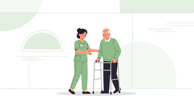 Nurse helping senior man walk with a walker on transparent background