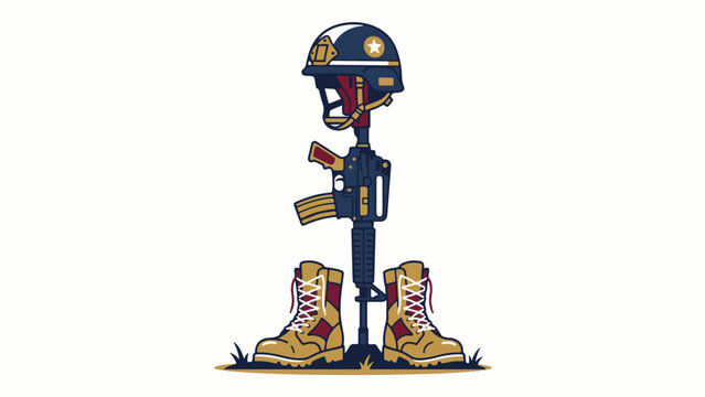 Memorial vector illustration featuring a fallen soldier rifle with helmet and combat boots