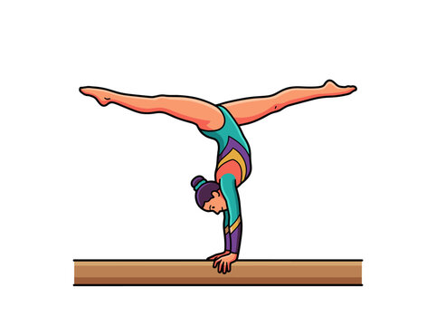 Female gymnast performing split handstand on balance beam vector illustration