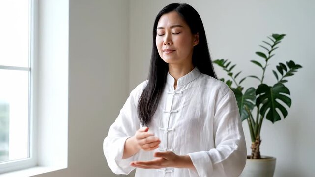 Women practice Tai Chi hand gestures indoors, women practice Tai Chi by the window