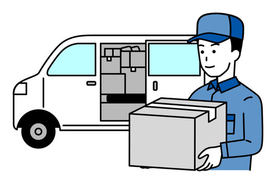白い軽バンで荷物を届ける配達員の男性