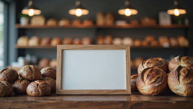 Blank wooden sign mockup surrounded by artisanal bread on a bakery counter. Perfect for showcasing cafe menu branding or daily specials.