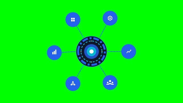4K professional motion graphics of an Enterprise Resource Planning (ERP) software solution synchronizing business departments. Optimized for chroma key post-production with standard green screen backg
