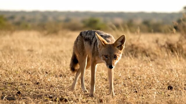 Wild jackal standing on the grassland, grassland jackal alert observation