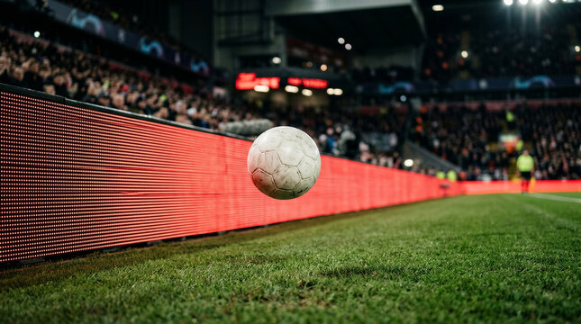 Soccer ball floating near digital advertising board in stadium