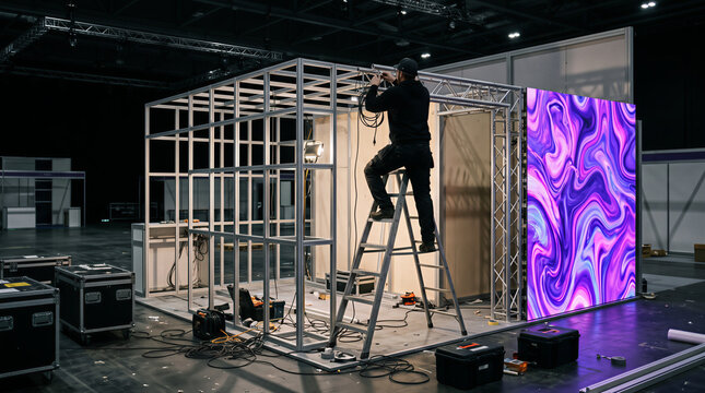 Manual labor setting up trade show booth in convention hall