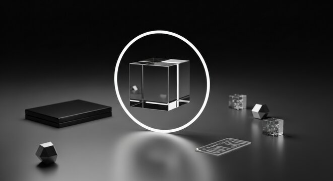 3D rendering of a clear transparent glass cube centered within a glowing white neon circular frame on a dark grey surface surrounded by polyhedrons and metallic objects.