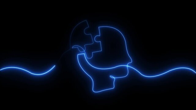 neon blue outline of human profile with puzzle missing memory loos and thinking 4k animation video