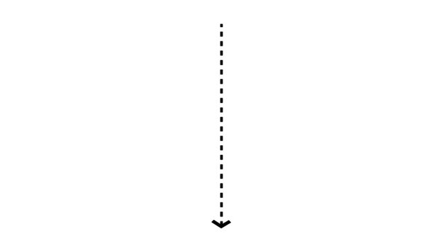 Minimalist animated dashed line arrow pointing downward on white background, direction pointer