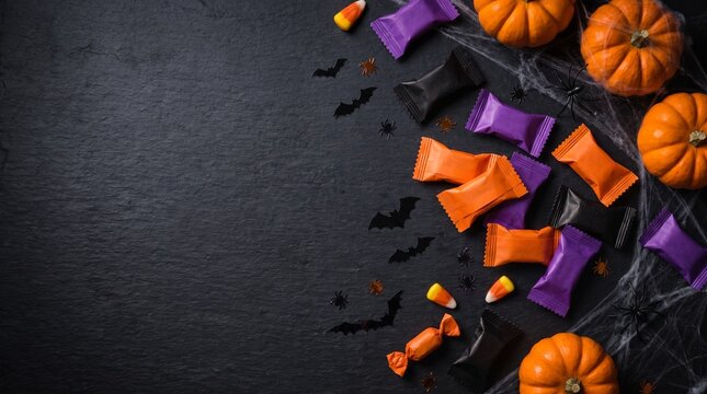 Top view flat lay of Halloween trick or treat candies, pumpkins, bats, and cobwebs on a dark stone background with large copy spac
