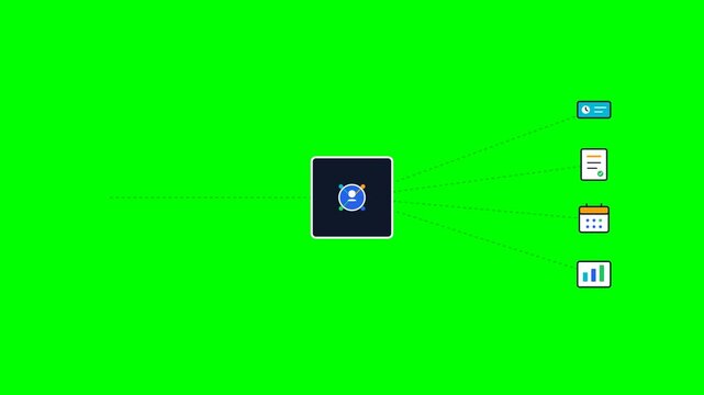 Precise 2D flat vector commercial animation showing ERP automatically organizing employee records, attendance, payroll, leave, and performance tracking on a pure chroma green background.