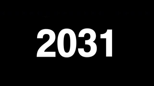 Fast scrolling mechanical odometer style year counter stopping at 2031, bold white typography on transparent background, sleek news broadcast element, stock graphic