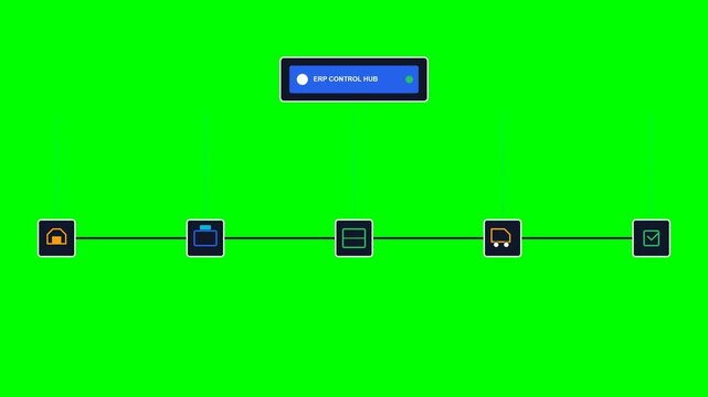 4K professional 10-second flat vector motion graphics animation visualizing ERP supply chain synchronization across 5 stages with precise pre-emptive digital signal routing on a solid #00FF00 green sc