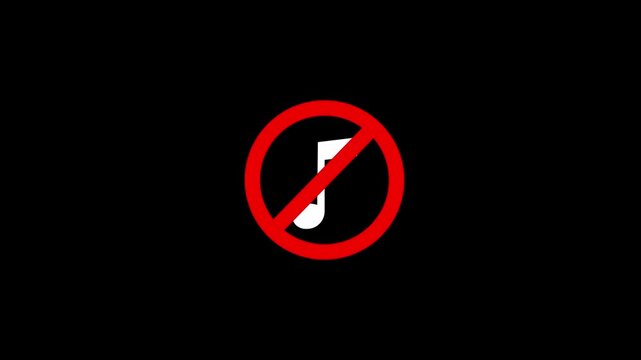 No music prohibited sign animation icon with white musical note crossed out in red circle for silence and mute concept on isolated black background.
