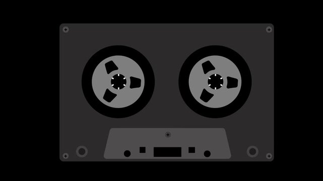 Vintage audio cassette tape rotating reels animation graphic for retro music player and mixtape nostalgic concept isolated on dark background.