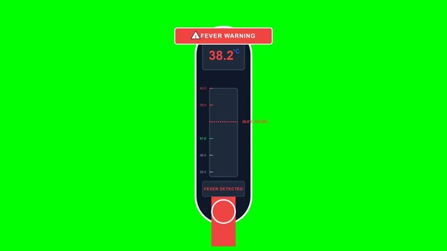 Premium Adobe Stock-ready 2D flat vector medical animation featuring a digital medical thermometer rising from 36.2&deg;C to 39.1&deg;C, triggering a fever warning alert at 38.0&deg;C, and smoothly recovering to 