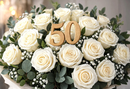 Beautiful white roses bouquet with golden fifty number decoration for anniversary celebration