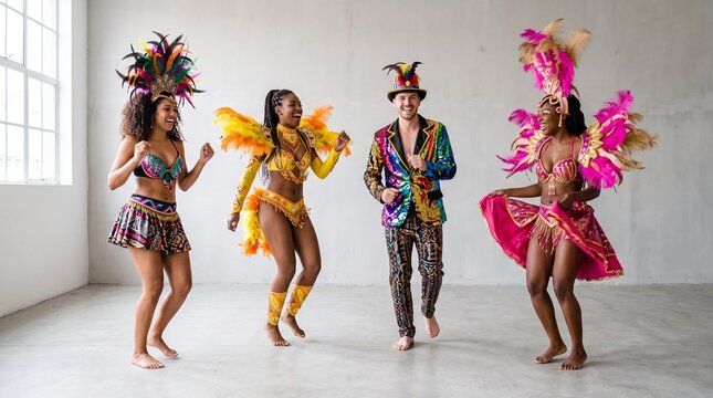 Diverse group of people in vibrant carnival costumes dancing joyfully
