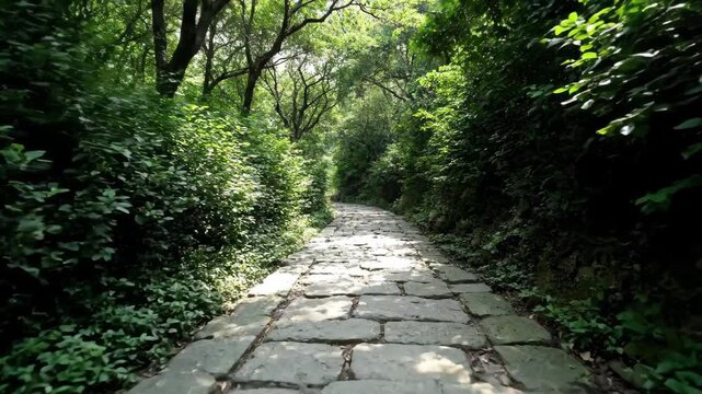 Panoramic view of the forest stone path, walking on the forest stone path