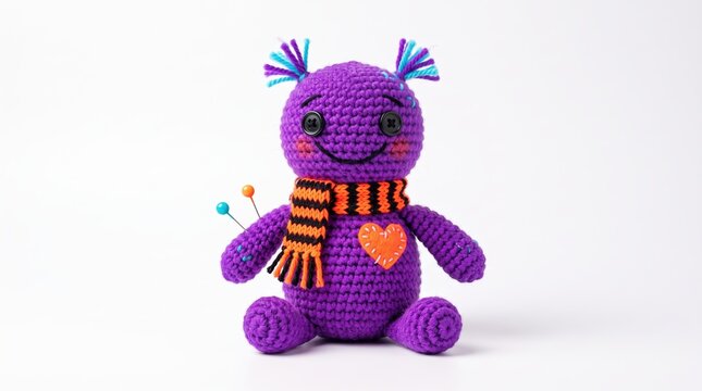 Halloween voodoo doll with striped scarf and pins isolated on a white background with copy space