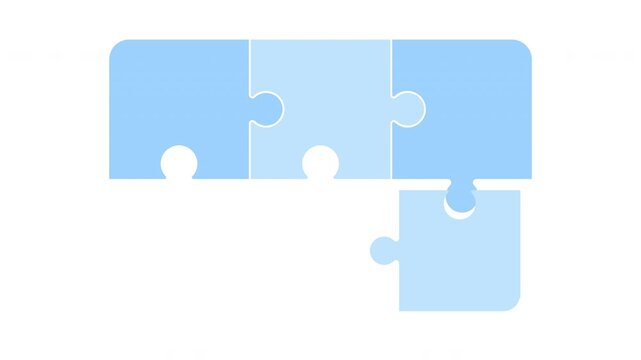 Animated six piece jigsaw puzzle connection, blue corporate team strategy assembly concept, transparent background modern business infographic footage