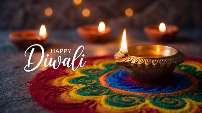 Happy diwali greeting card with traditional oil lamps and colorful floral rangoli pattern on dark background