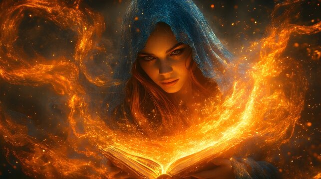 hooded person holding a glowing open book surrounded by fire magic