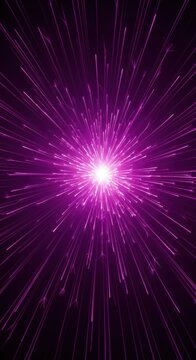 Abstract vertical digital illustration featuring a central bright white light source exploding with radiant purple and magenta light rays and sparks against a dark background.