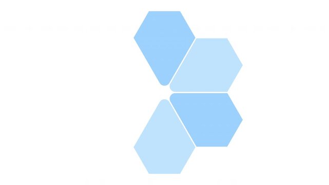 Animated six step hexagon polygon flower element, blue circular corporate process diagram, modern business infographic reveal, clean motion video clip