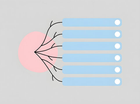 Abstract branching diagram with pastel colored rectangles and circles on a light gray background