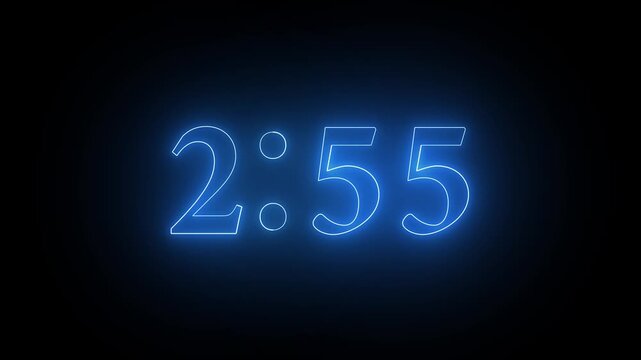 glowing neon 3 minute Countdown timer. neon 3 to 2 minute Countdown timer on black background.