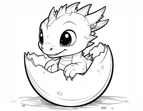 Cute baby dragon hatching from an egg black and white coloring book page